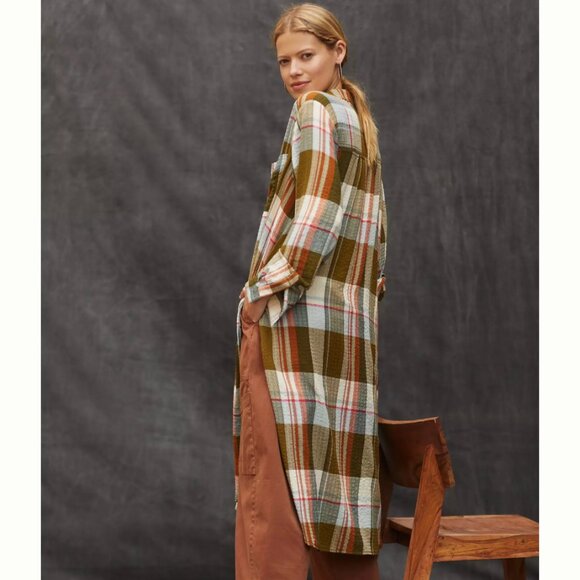 Anthropologie Pilcro Side-Slit Maxi Tunic Buttondown Plaid Green Women's Size 2X - Picture 2 of 8